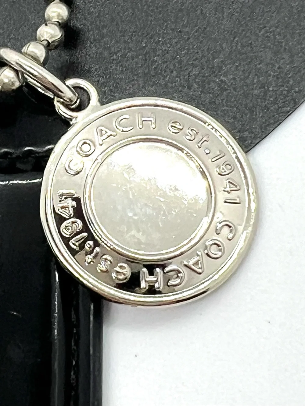 Coach Authentic Black Patent Leather Hangtag Est 1941 Silver Medallion Charm